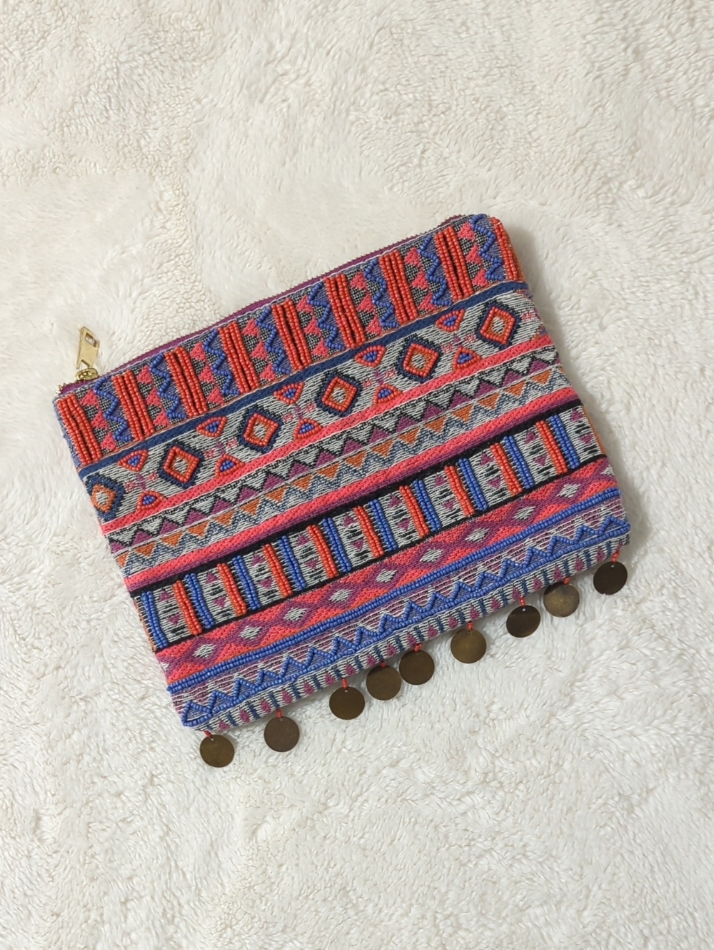 Embroidered & Beaded Zip Clutch With Coin Trim
